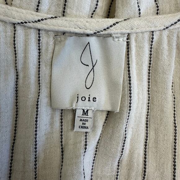 Joie Striped Tassel Tie Top Womens M Ivory Black V-Neck Short Sleeve Blouse - Picture 2 of 7